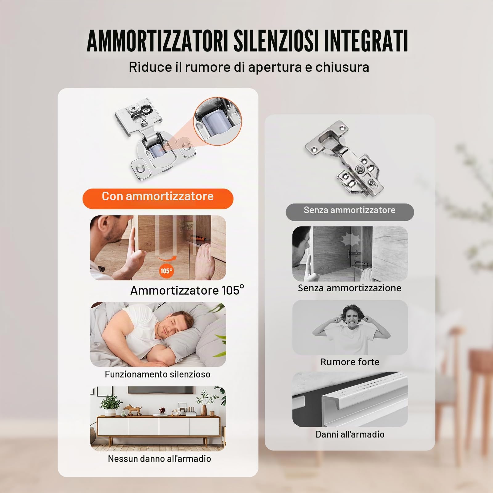 VEVOR Cerniere per Mobili, 60 Pezzi, Cerniere per Ante di Mobili da Cucina a Sovrapposizione Parziale, Apertura a 105° Cerniere per Mobili Nascoste con Chiusura Ammortizzata per Mobili con Telaio