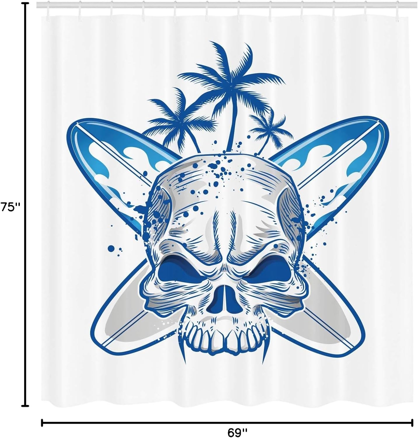 Ambesonne Surfboard Shower Curtain, Skull on Surfboard Head Dead Horror Scary Grunge Tattoo Skeleton Coastline, Cloth Fabric Bathroom Decor Set with Hooks, 69" W x 75" L, Grey White Blue