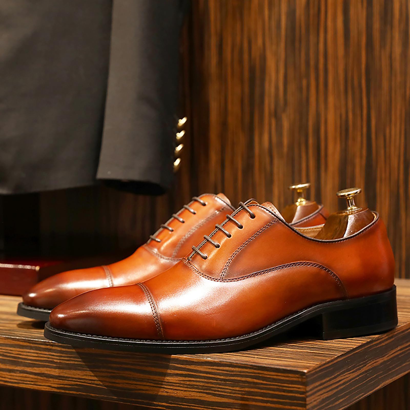 QAXZESA Richelieus Classiques Hommes - Chaussures Cuir Véritables à Lacets, Derbys Habillés Bureau Et Mariage - Brown 42