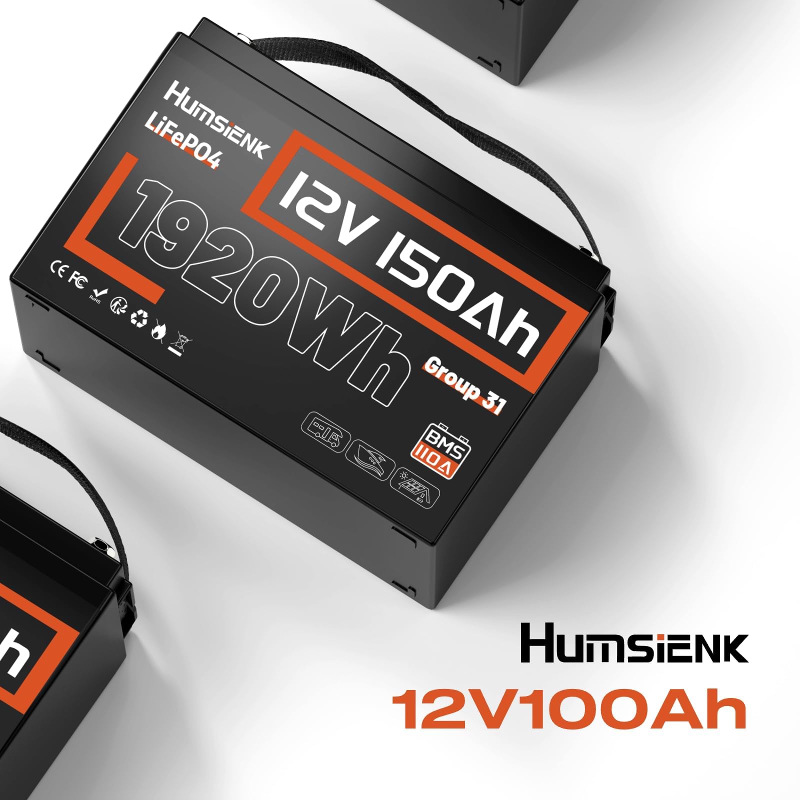 Humsienk Batería Litio 12V 150Ah,Bateria LiFepo4,BMS Inteligente de 110A,4.000–15.000 Ciclos Profundos de 12 V 1920 Wh Recargable,Protección Baja Temperatura—para Solar,Autocaravana (RV)