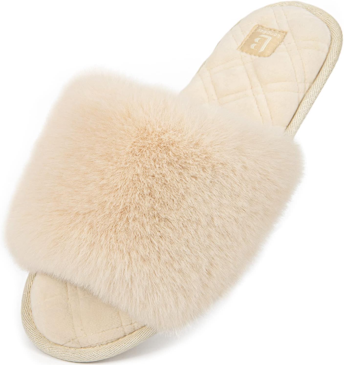 LongBay Ladies' Fluffy Faux Fur Slippers Open Toe Memory Foam Comfy Flat Summer House Shoes ...