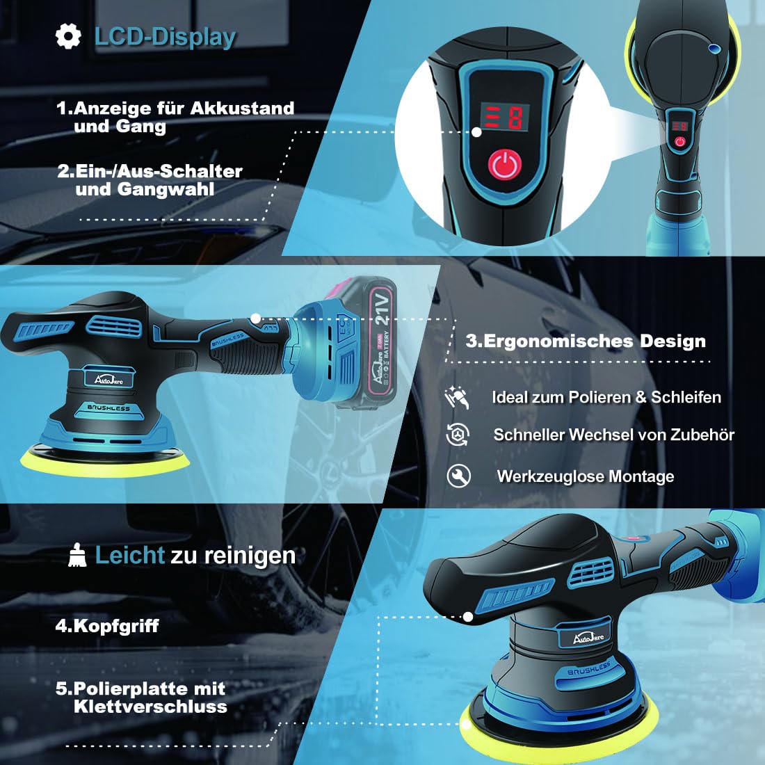 Akku Poliermaschine Auto 6 Zoll Exzenterpolierer mit 8 Geschwindigkeiten, 4pcs Auto Poliermaschinen Set, 2x 2000mAh Akku für Autodetailing, Wachsen, Polieren