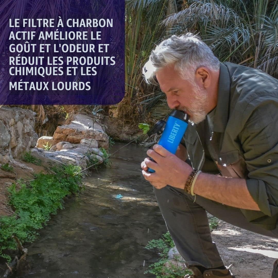 LifeSaver® Liberty Bouteille filtrante (400 ml) | Gourde filtre 99,9999 % des bactéries | Traitement de l'eau potable pour le camping jusqu'à 2 000 l | Désinfectant d'eau portable pour la randonnée