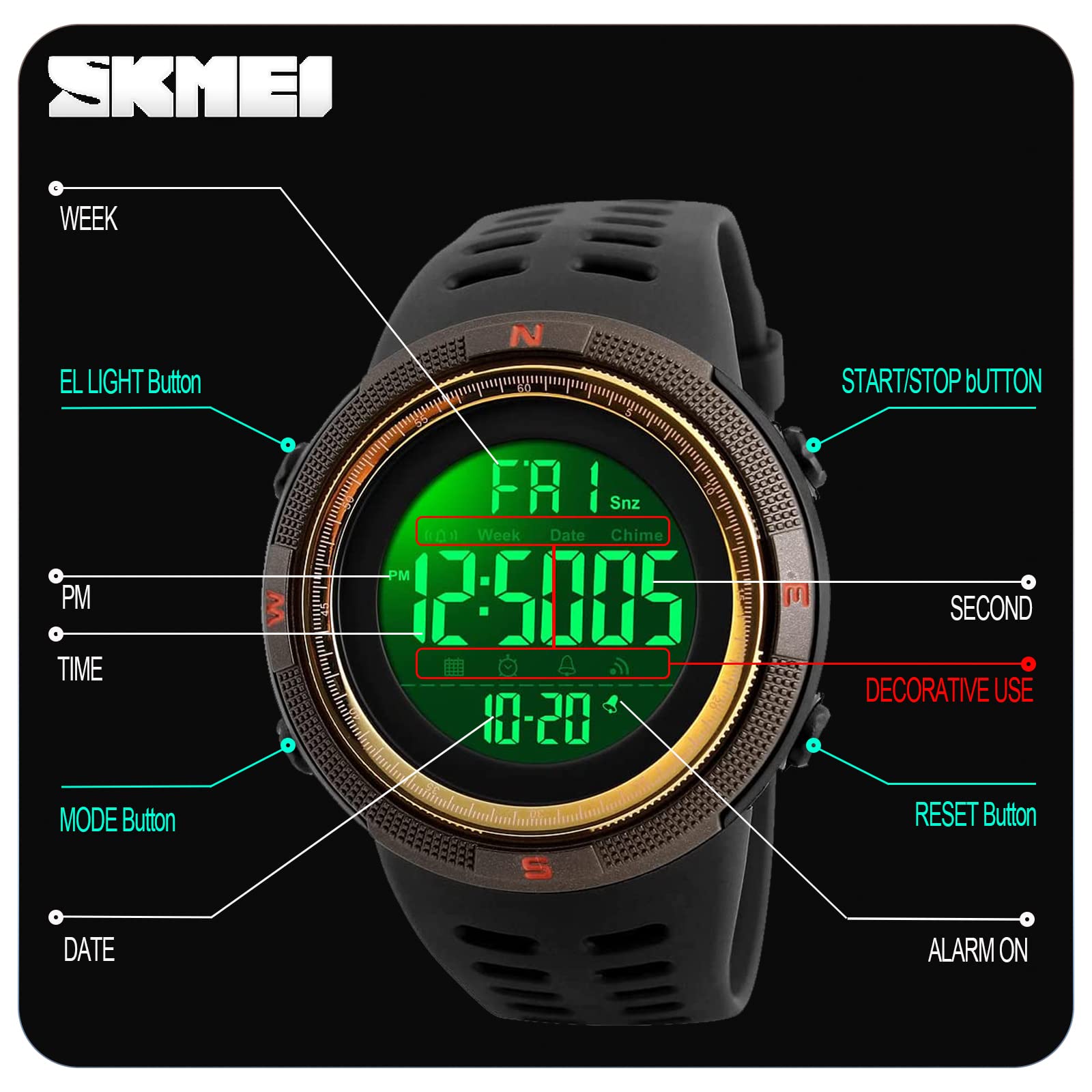SKMEI Orologio Sportivo Digitale Uomo – 50m Impermeabile, LED, Cronometro E Allarme, Nero-Rosso