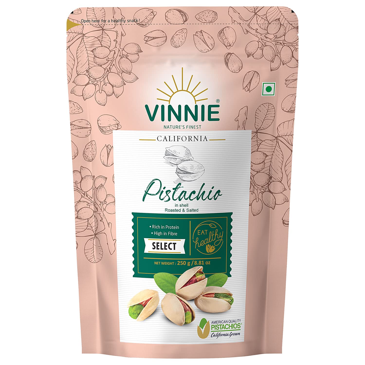 Vinnie California Inshell Pistachios | Roasted & Salted | Natural Pista Fruit | Rich in Protein & High in Fiber | Premium Nuts & Dry Fruits | Shelled Nuts, Crunchy - 250g