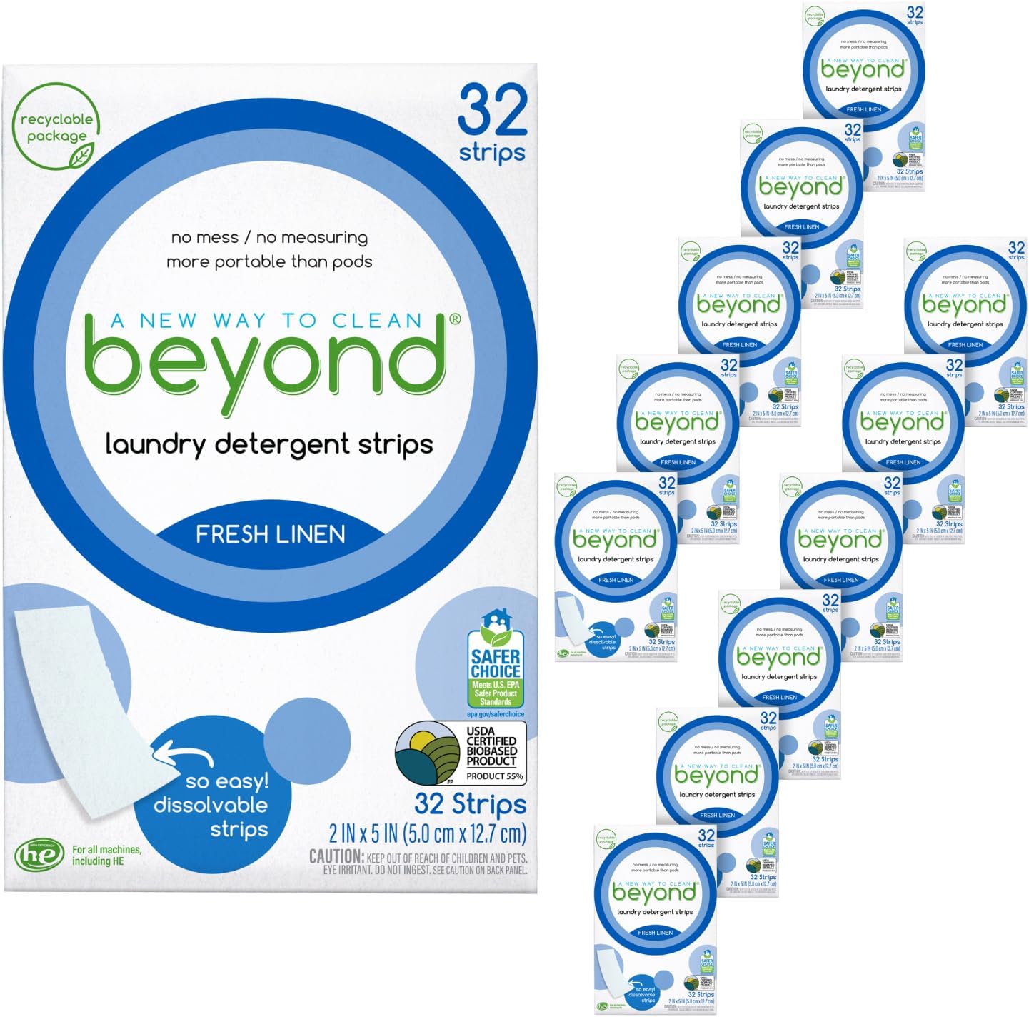 Beyond Laundry Detergent Strips [12 packs of 32 strips] - Fresh Linen - Eco-friendly, Hypoallergenic. Travel friendly. Dissolvable Strips