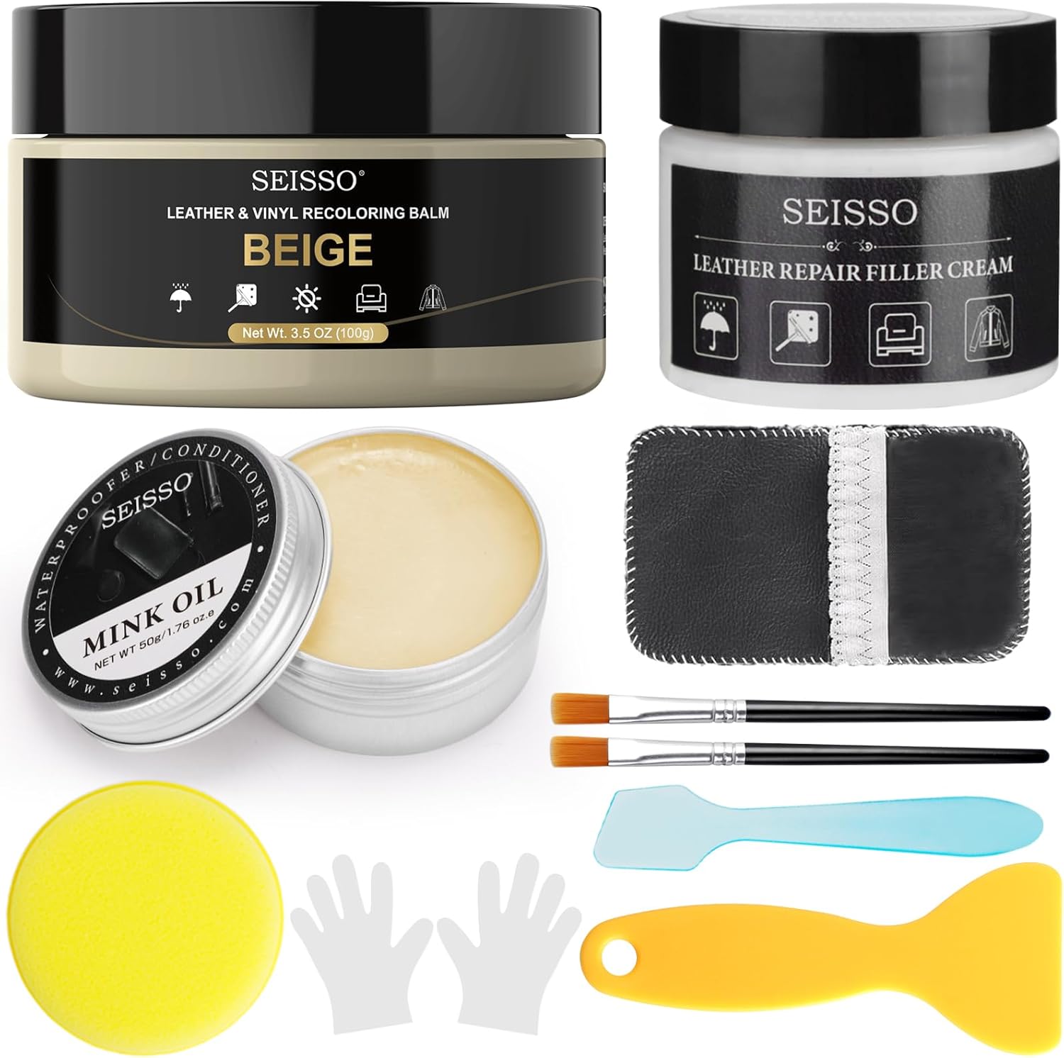 SEISSO Leather Repair Kit for Furniture, Beige Vinyl Repair Kit with Mink Oil for Couches, Color Restorer Conditioner, Leather Recoloring Balm for Scratches, Fading Shoes, Car Seat, Sofa