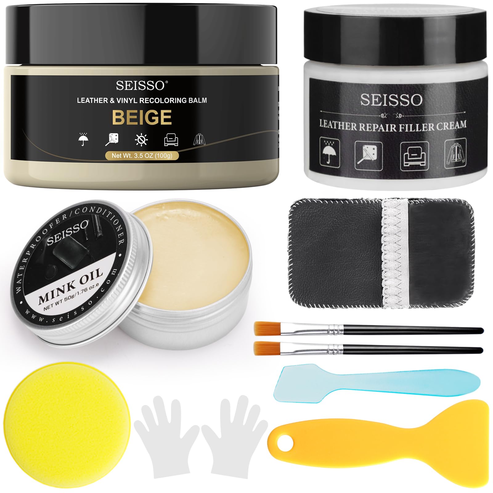 SEISSO Leather Repair Kit for Furniture, Beige Vinyl Repair Kit with Mink Oil for Couches, Color Restorer Conditioner, Leather Recoloring Balm for