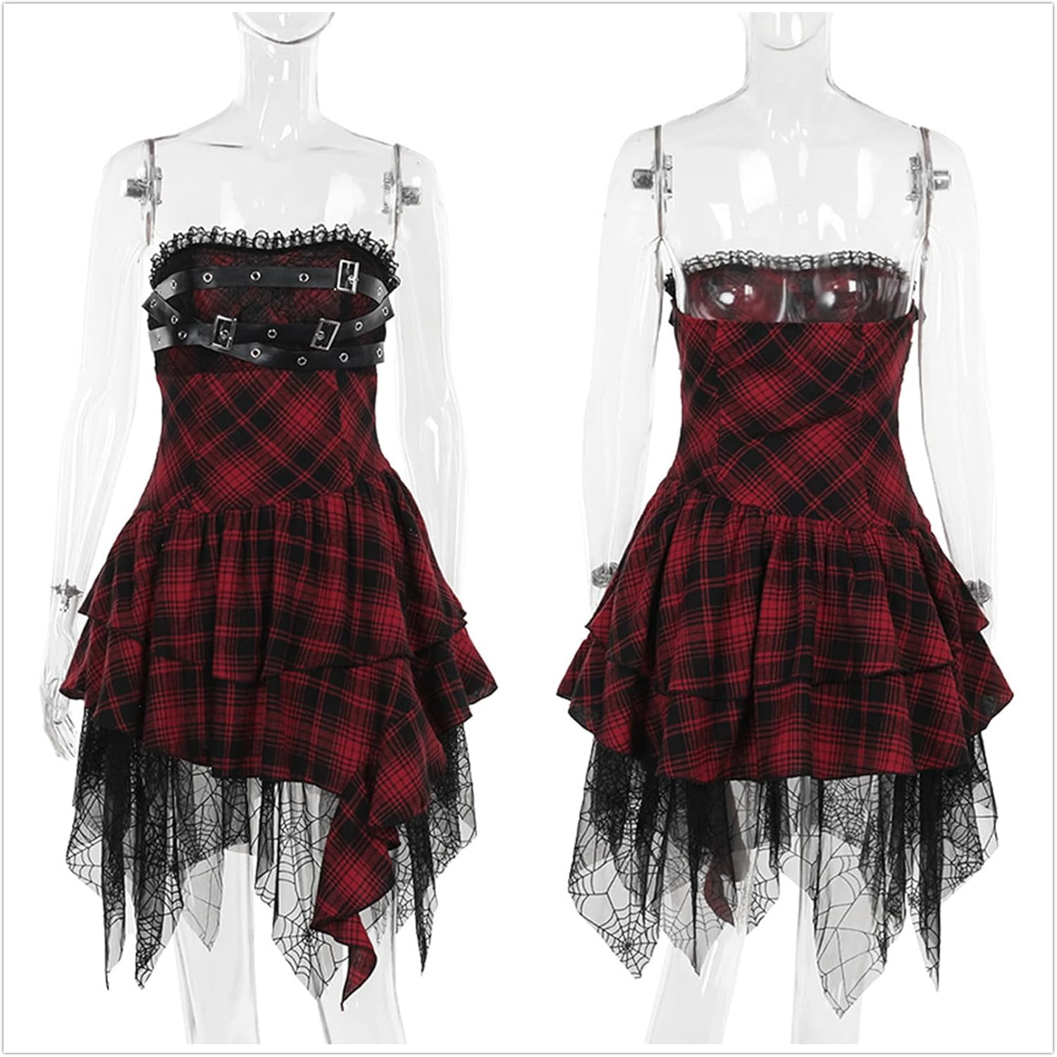 Goth Strapless Mini Dress Women A Line Y2k Sleeveless High Low Ruffled Punk