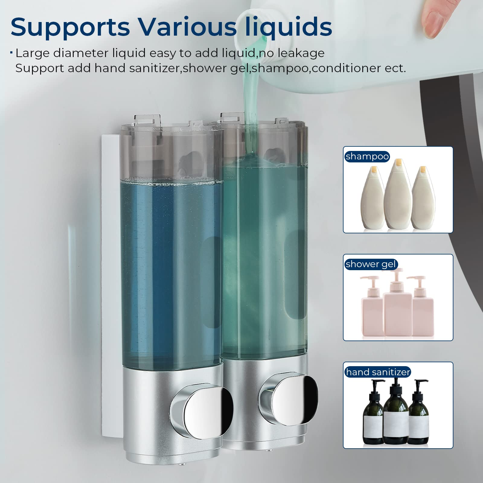 modunful Dispenser Shampoo e Bagnoschiuma 3 Camere | ABS Lucido | Erogatore a Pressione Controllata | Senza Trapano | Resistente per Casa e Appartamento