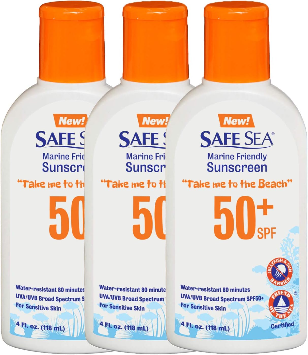 Safe Sea Jellyfish Sting-Blocking Sunscreen, SPF 50+ Lotion 4oz, Waterproof, Biodegradable, Coral Reef-Safe – Body and Face Sunscreen, Anti-Jellyfish and Sea-Lice sting protection. 4 FL Oz (Pack of 3)