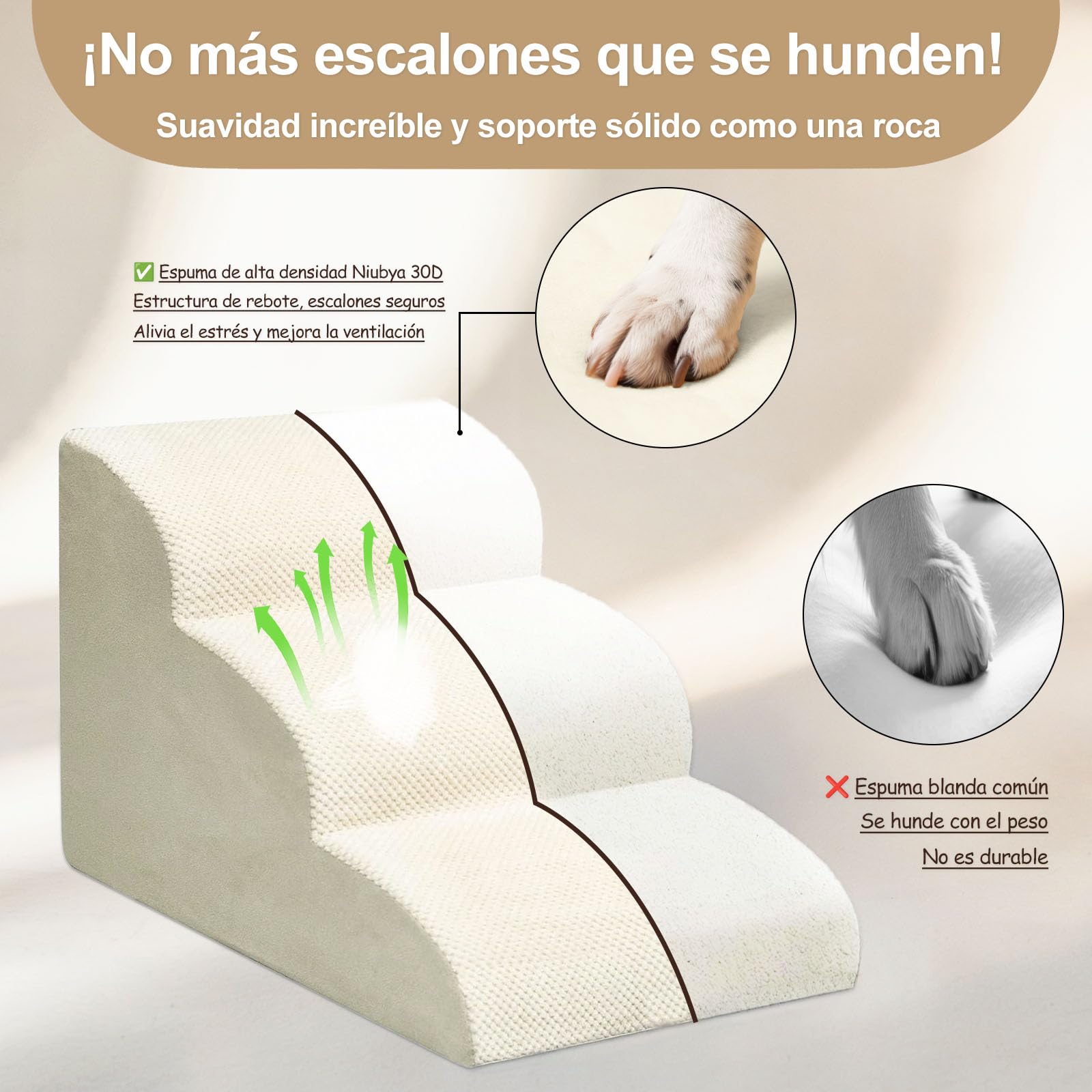 Niubya Escalera para Perros y Gatos Pequeños, 2 Peldaños 30 cm, Espuma 30D Alta Densidad, Antideslizante, Funda Extraíble Lavable, Sofá y Cama para Mascotas Mayores, Beige