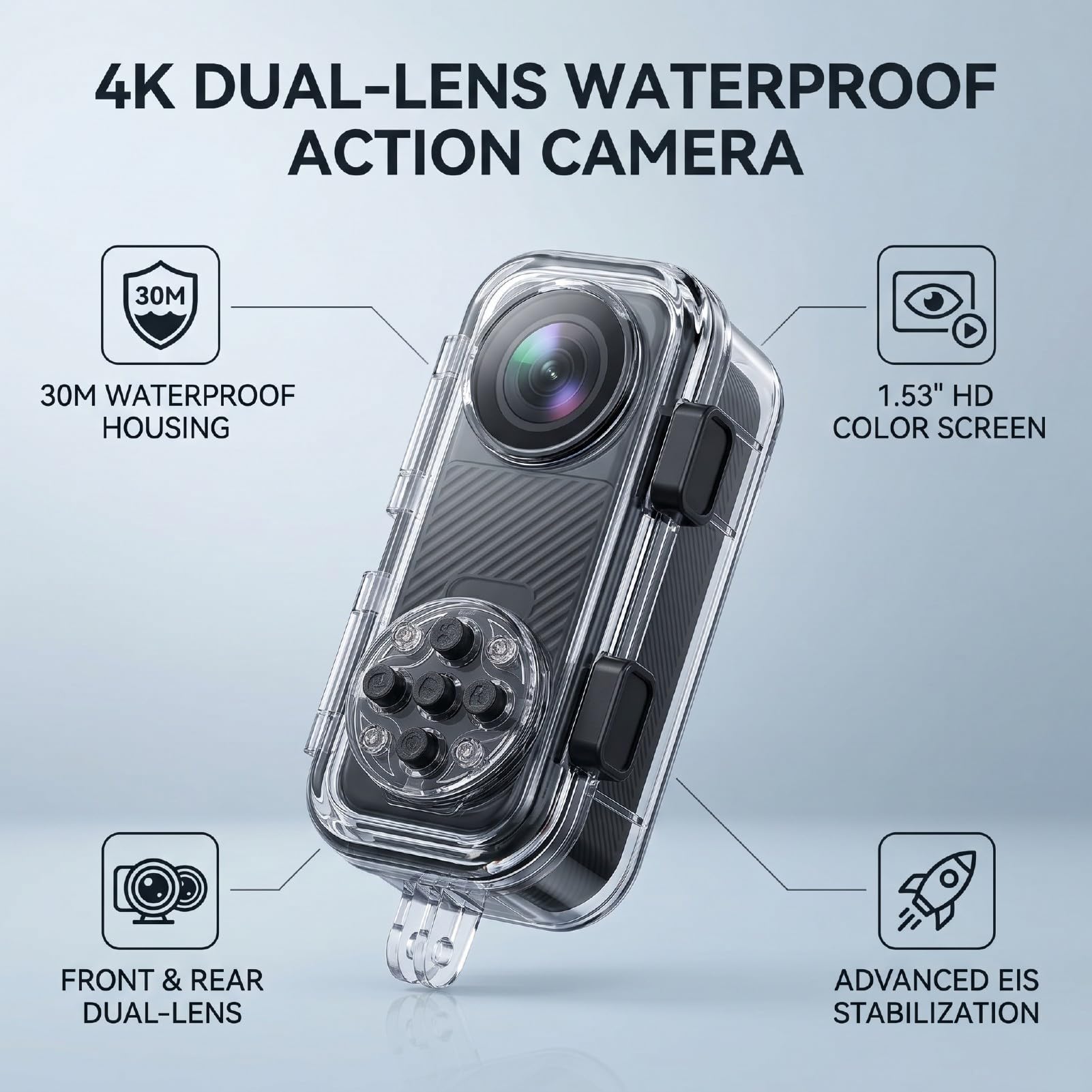 Tangxi Videocamera Subacquea 30M Videocamera Vlog 4K, Doppio Obiettivo DV | Stabilizzatore Elettronico Dell'immagine, Obiettivo Grandangolare da 130°, Schermo da 1,53 Pollici, Batteria da 2000 MAh,