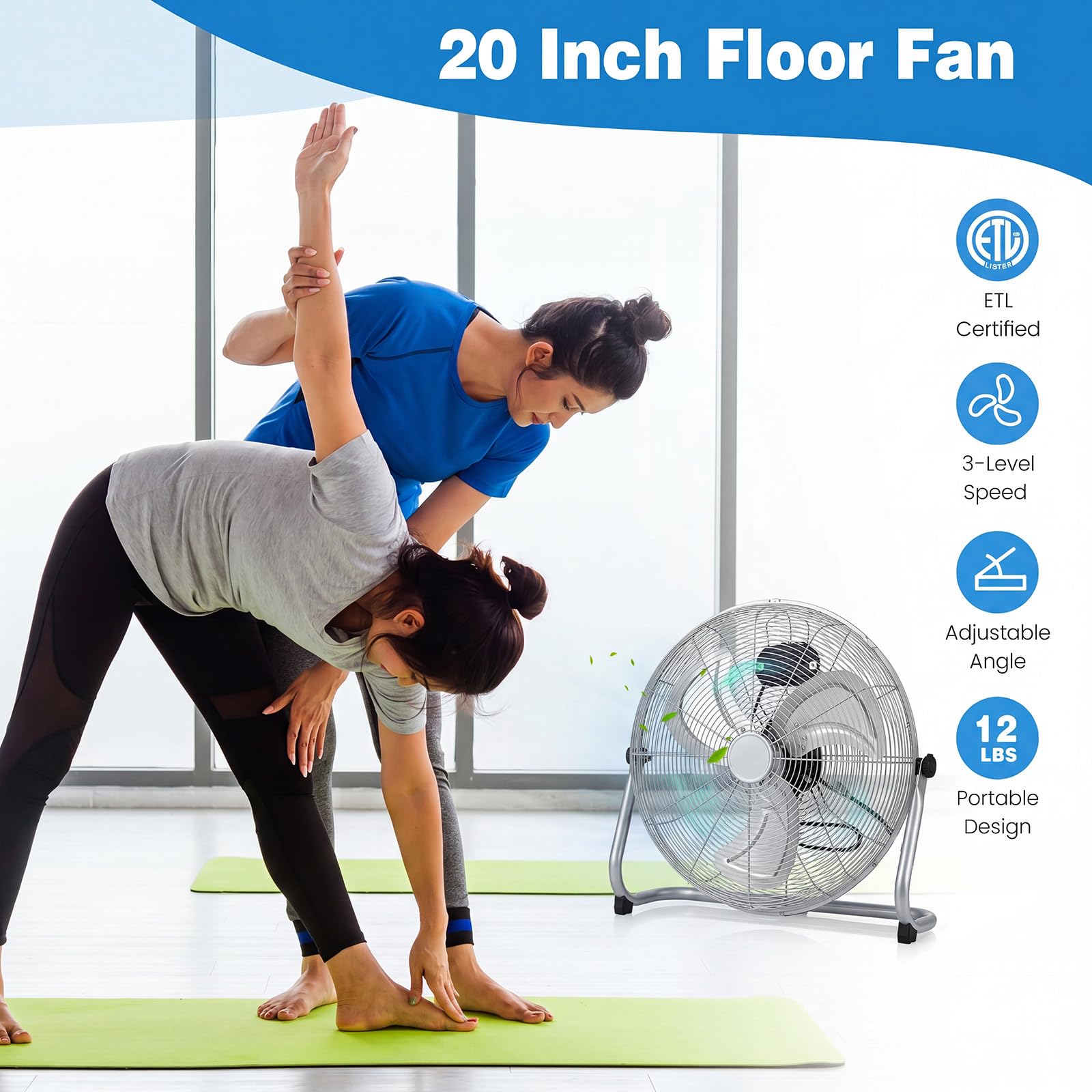 GYMAX Ventilador de Suelo, 160W φ57 cm Ventilador Industrial con 3 Velocidades, Inclinación Ajustable de 145°, Motor Potente, Aspas Metálicas, Alcance 6,5 m, Fan Silencioso de Metal para Garaje Taller
