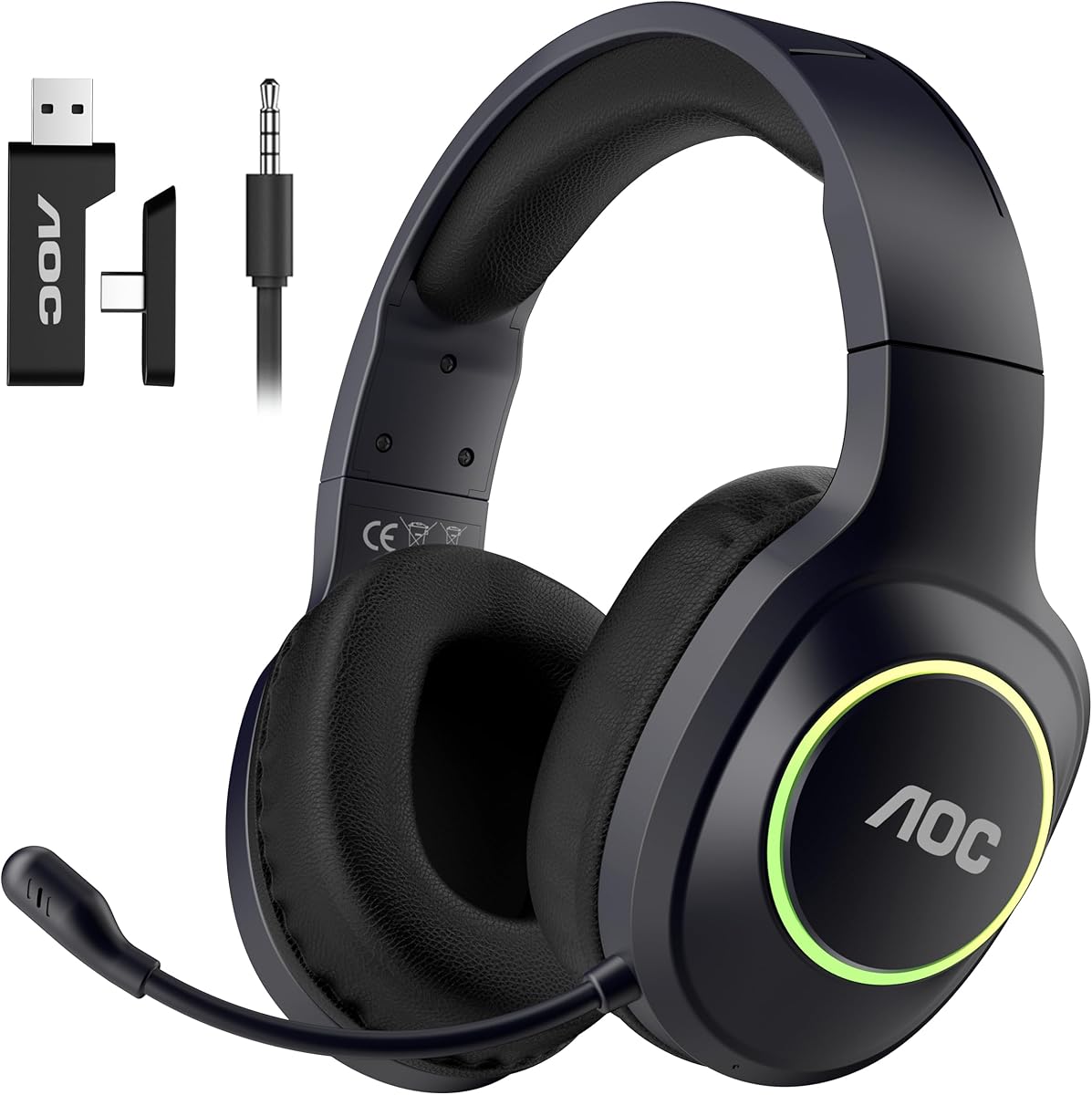 AOC Wireless Gaming Headphones with Bluetooth 5.4 & USB-C for PS5/4, Nintendo Switch, PC, Laptop, 2.4GHz Gaming Headset with Mic, 20ms Latency, 45H Playtime, 7.1 Virtual Surround- Glossy Black