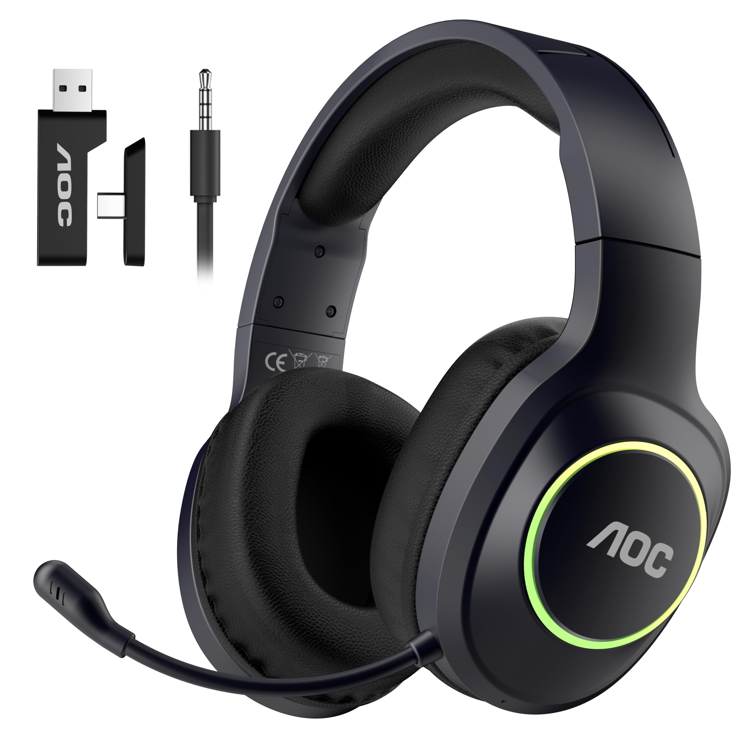 AOC Wireless Gaming Headphones with Bluetooth 5.4 &amp; USB-C for PS5/4, Nintendo Switch, PC, Laptop, 2.4GHz Gaming Headset with Mic, 20ms Latency, 45H Playtime, 7.1 Virtual Surround- Glossy Black