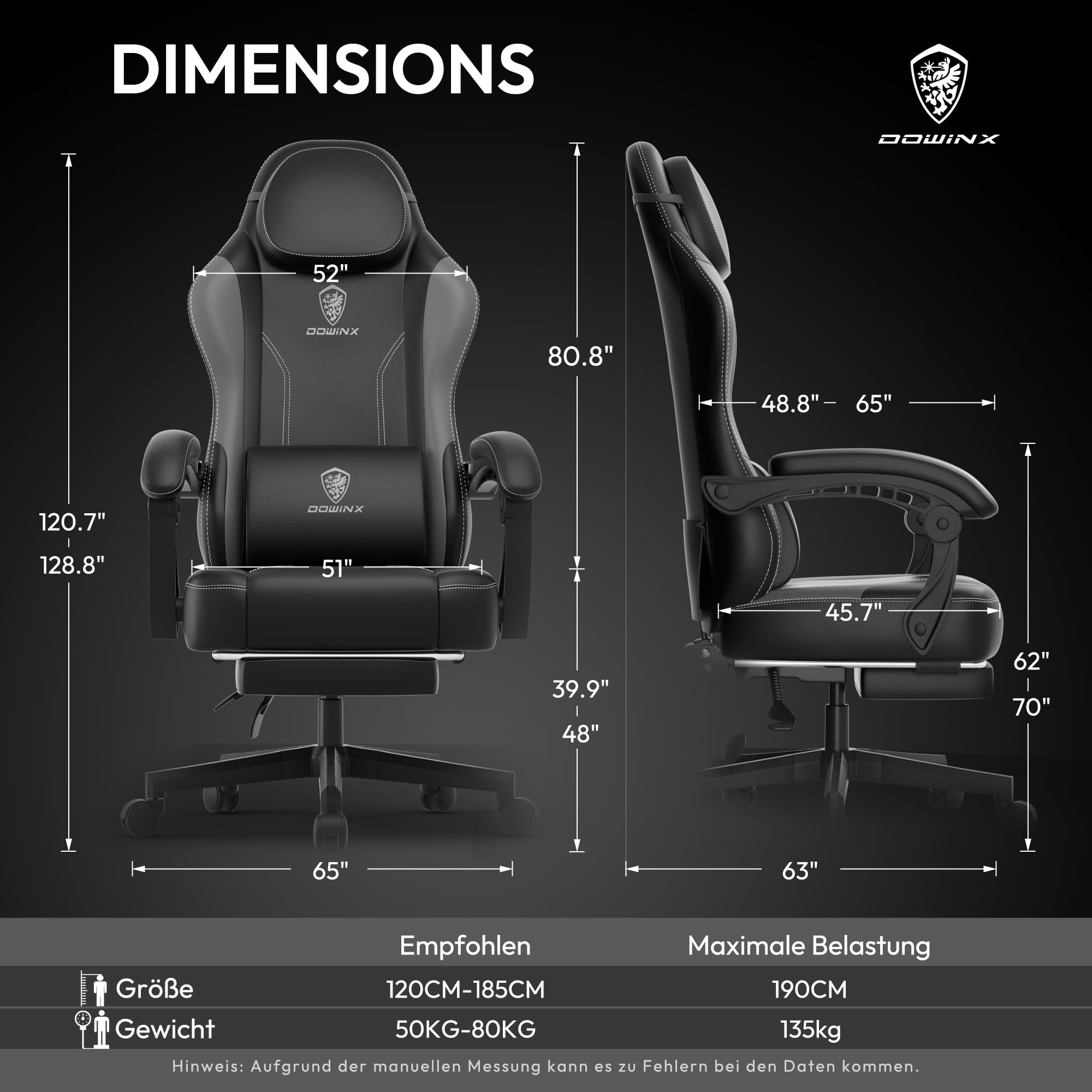 Dowinx - Sedia per il gaming, con cuscino, ergonomica, dotata di supporto lombare, in pelle sintetica PU, schienale largo, 150 kg, colore grigio
