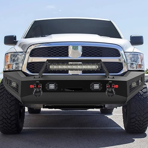 Miniatura 8 de Parachoques delantero todoterreno para RAM 1500 2013-2018, parachoques delantero de ancho completo 5 luces en D, barra de toro placa de cabrestante
