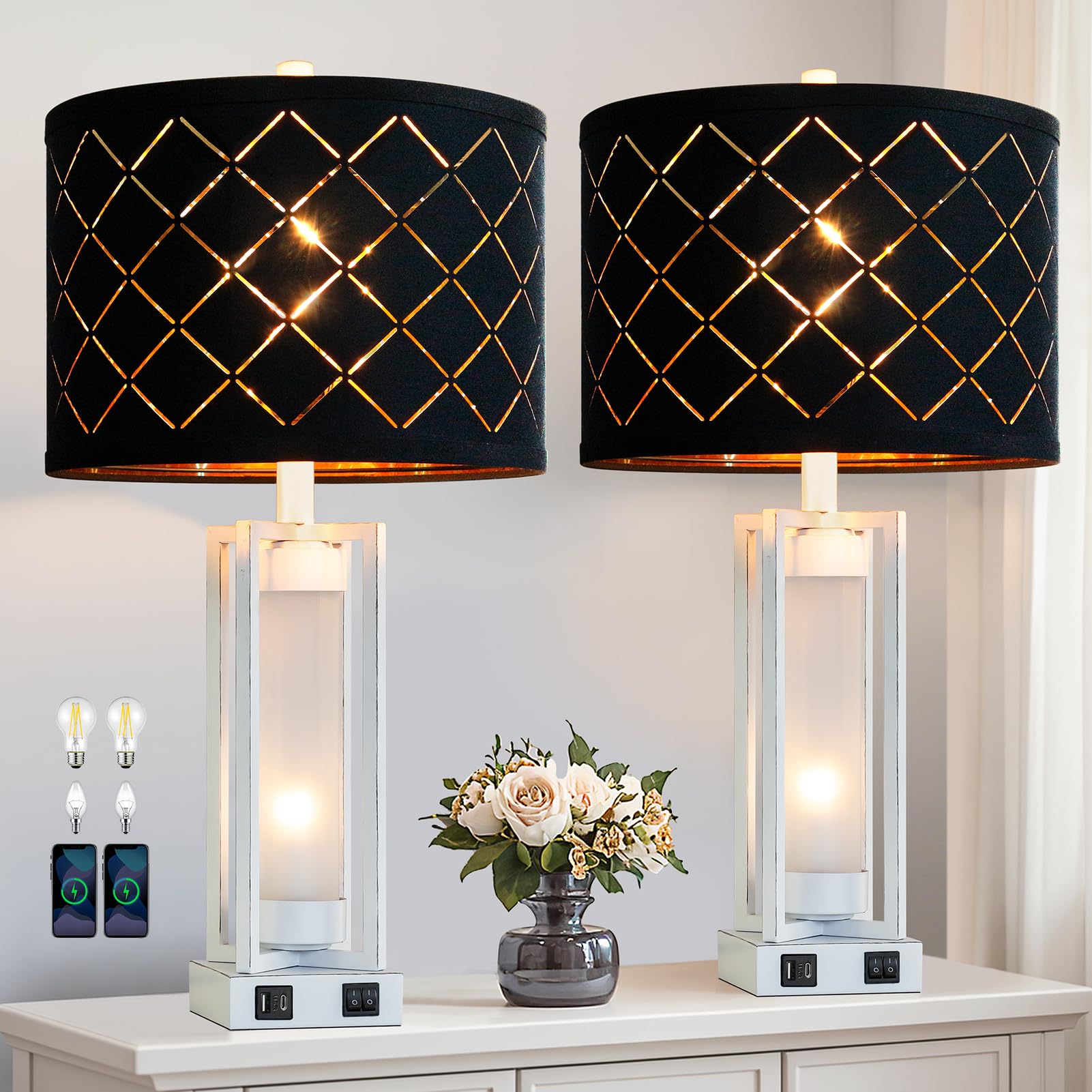 RORIANO 25" Set of 2 Farmhouse Table Lamps with USB C+A Ports, Rustic Retro Nightstand Lamps with White Night Light, Black Grid Shade, Desk Lamps for