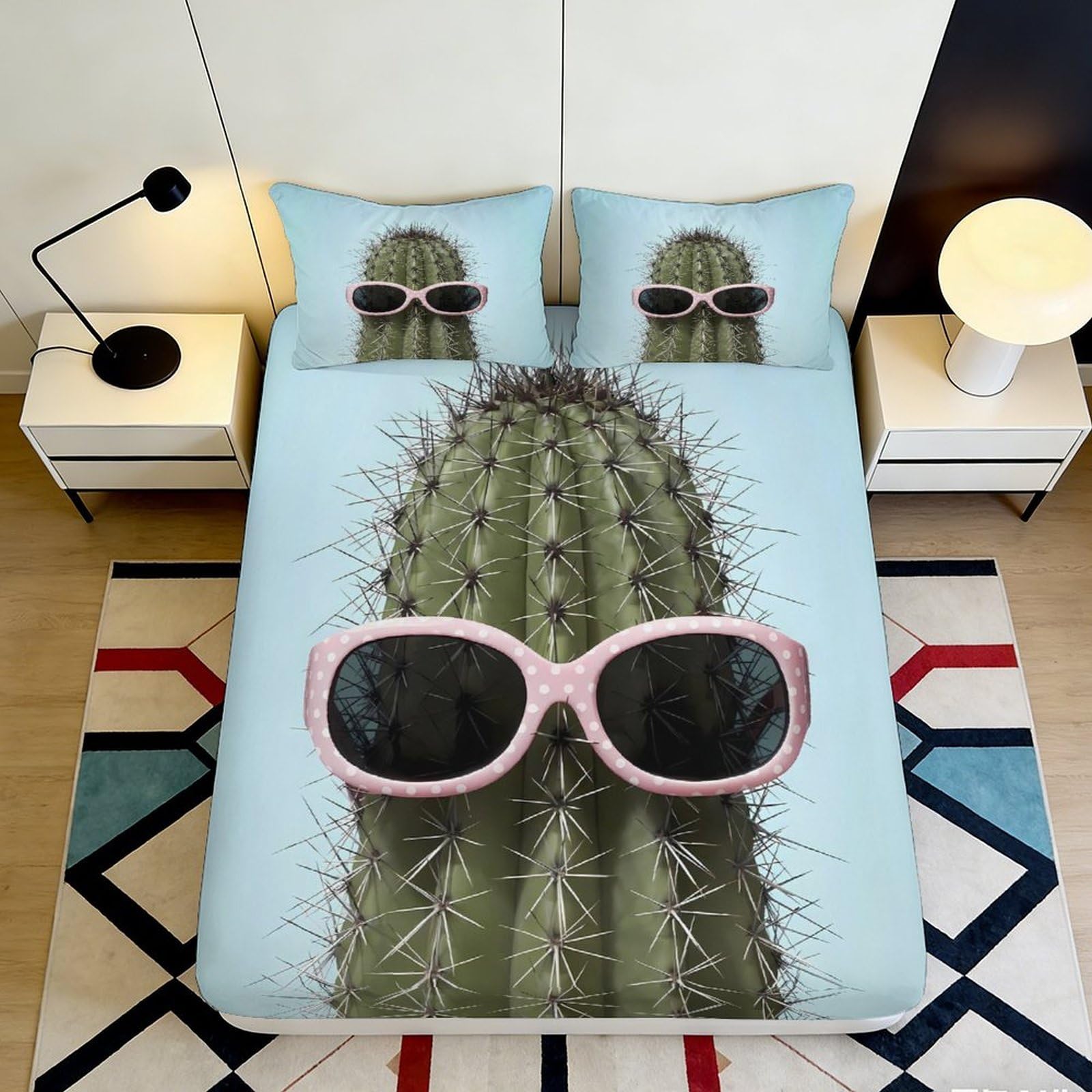 3D Printed Cactus Pattern Fitted Sheet Microfiber Soft Durable Blue Bed Cover with Sunglasses Design Mattress Cover for Bedroom Dorm Dormitory Guest Room 180x200x25cm