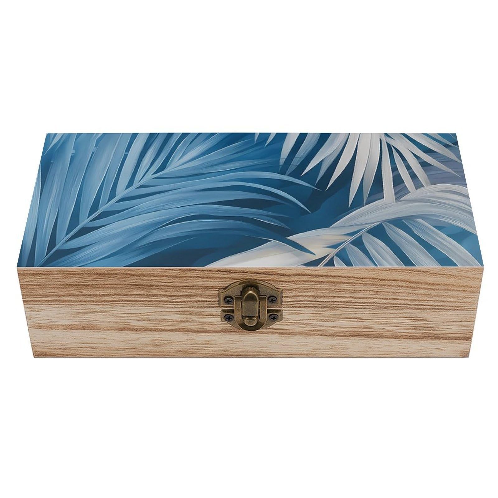 HLBSDM Elegant Blue White Palm Leaves Retro Wooden Storage Box Jewelry Art Gift Boxs Decorative Keepsake Boxes