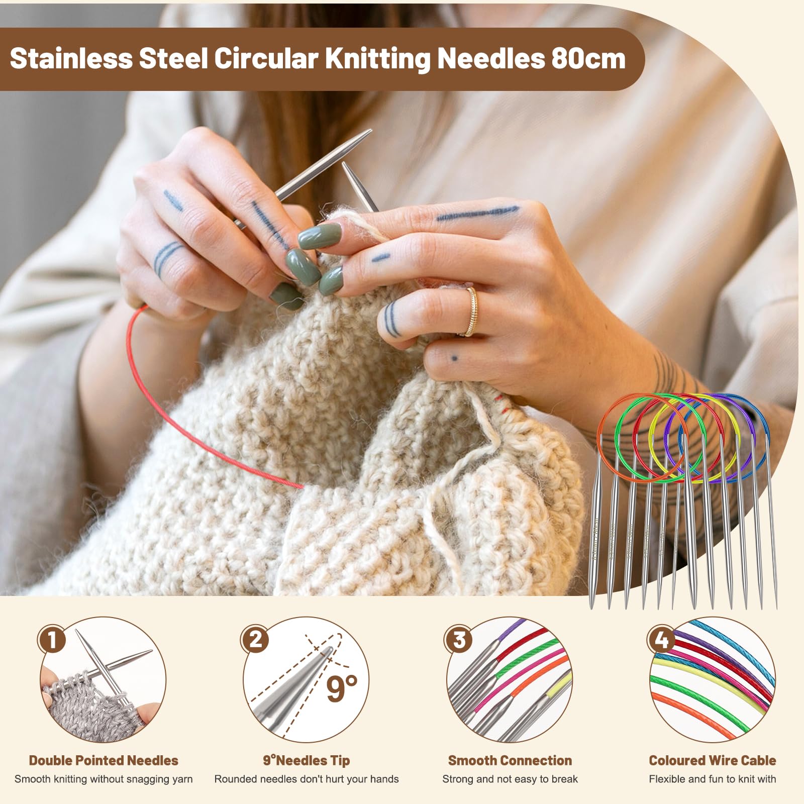 Aeelike 2.25mm Circular Knitting Needles 80cm, 2.25mm Stainless Steel Round Knitting Needles for Beginners, 32 inch Long Metal Fixed Circular Needles for Knitting Socks, Hat, Sweater, Scarf, Blanket - Image 3