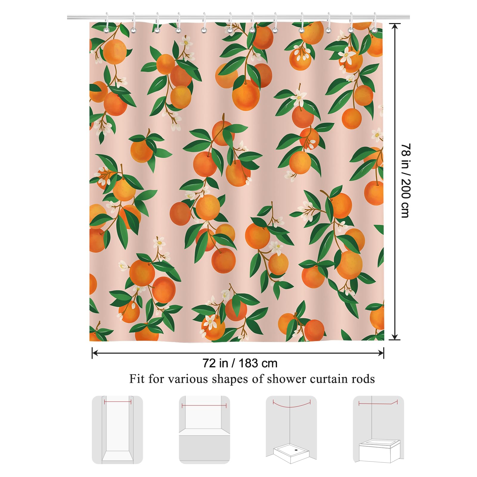 Bonhause Tenda Doccia Arancia Frutta Foglie Verdi 180 x 200 cm Tende per Doccia in Poliestere Impermeabile Antimuffa Lavabile Tende Bagno con 12 Ganci