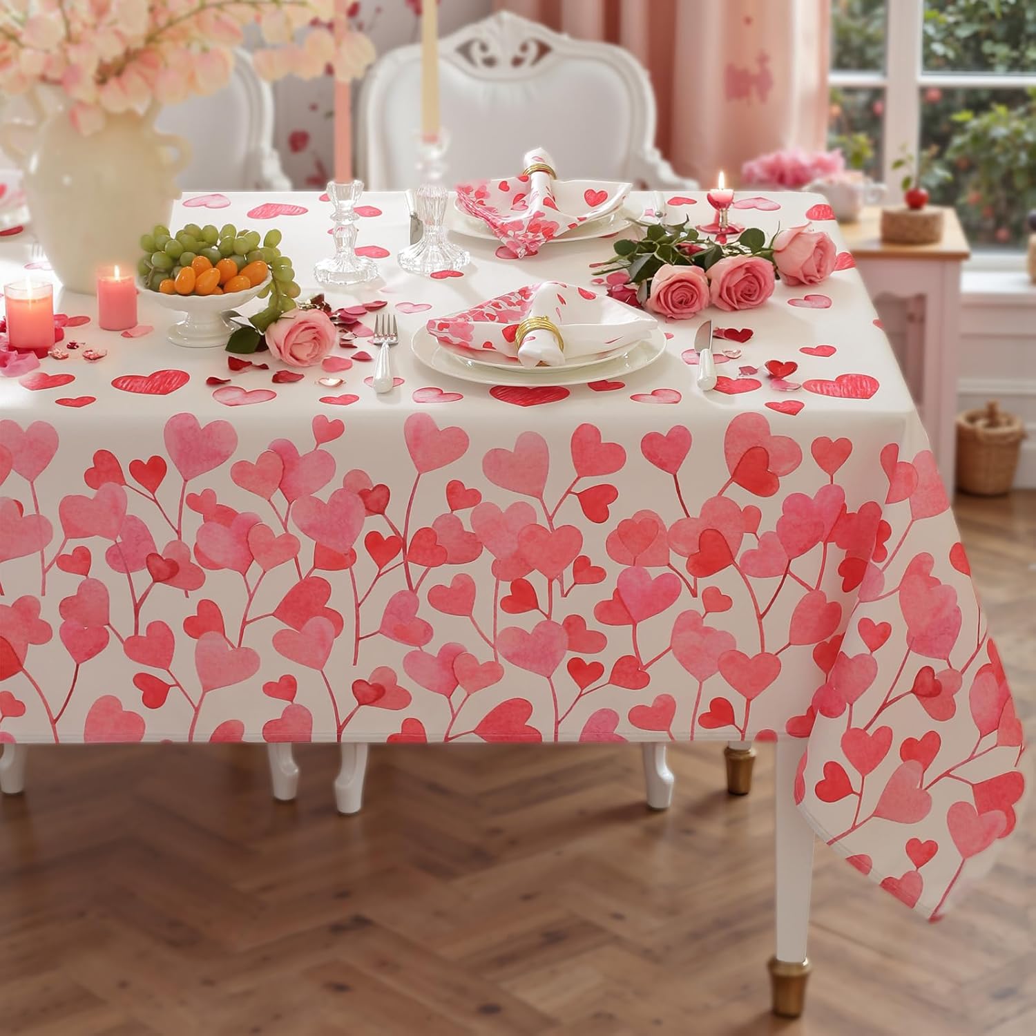SASTYBALE Valentines Tablecloth Rectangular, Washable Table Cloth Spillproof Pink Love Hearts Table Cover for Dining Anniversary Wedding Party Valentine's Day Decor (60"x120")