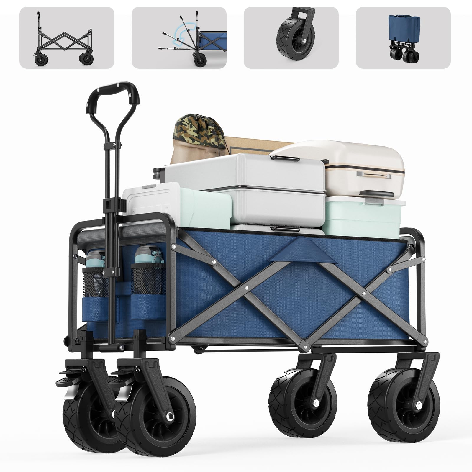 Taphnw 100L Chariot de Transport Pliable, Charge maximale de 110 kg, Chariot Jardinage de Plage avec Poignée Réglable, Tissu Oxford 600D, Voiture Pliante pour Tout Terrain, Plage, Camping (Bleu)