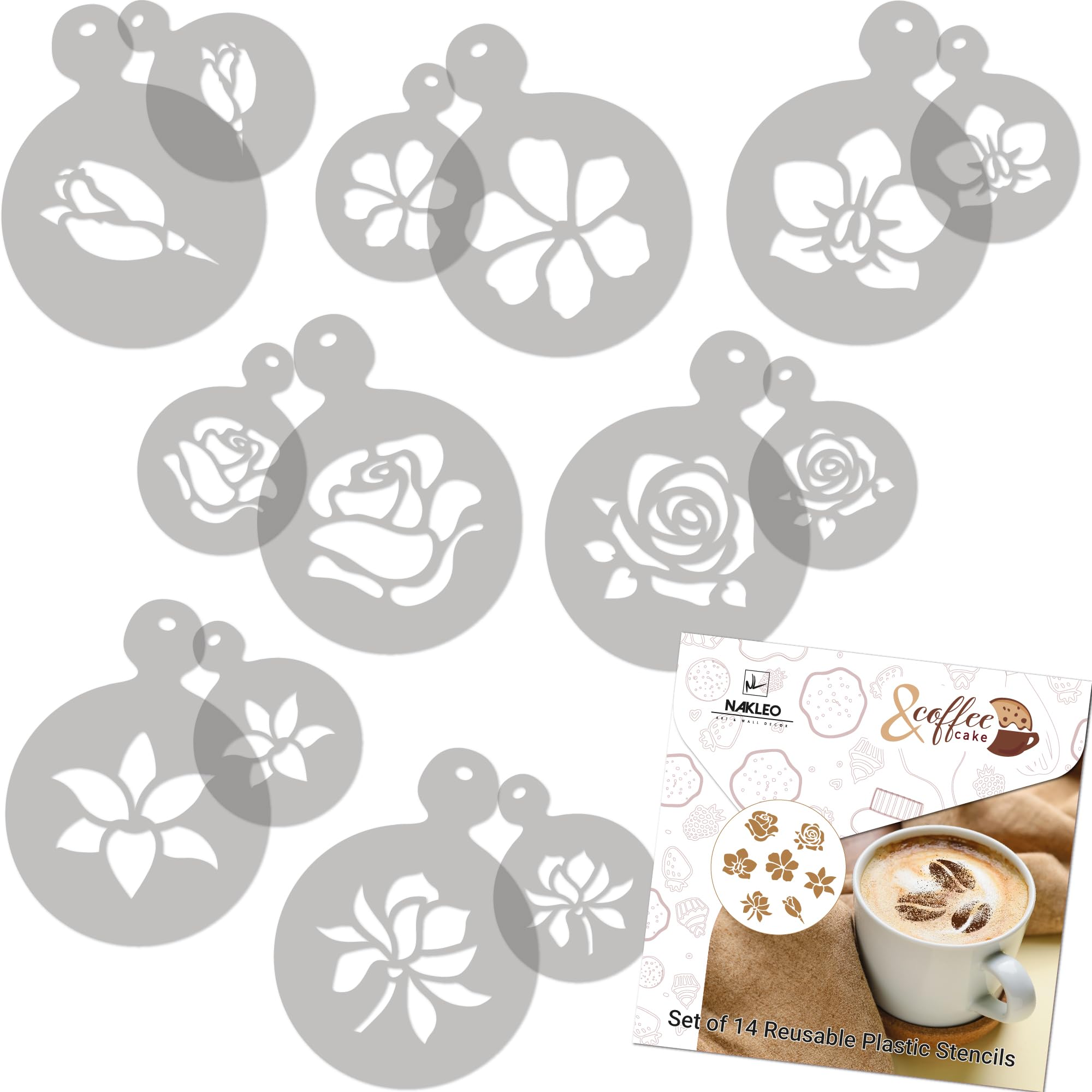 NAKLEO Coffee Stencils and Cookies Decoration 14Pcs 7x7 and 11x11cm, Reusable Plastic Baking Templates, Flowers Rose Tulip