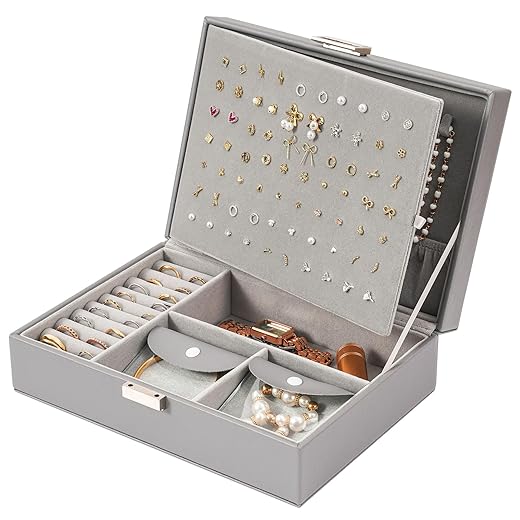 ProCase Jewelry Box Organizer Christmas Gifts for Women Girls, Upgraded Jewelry Case with 8 Extra Tarnish Free Bags, PU Leather Jewellery Holder Storage for Earrings Necklaces Bracelets Rings -Grey