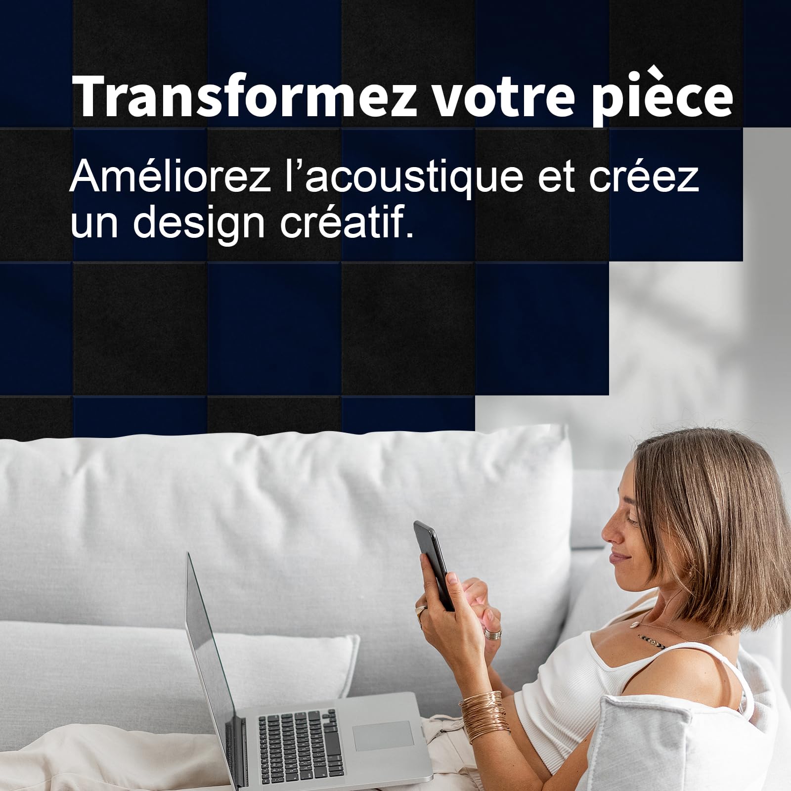 Panneaux Acoustiques Carrés Lot de 24 2,16 m² Autocollants Bleu Ciel | 30×30×0,9 cm, 230 kg/m³, NRC 0,95; absorption acoustique pour réduire l'écho en studio, bureau, chambre ou gaming.
