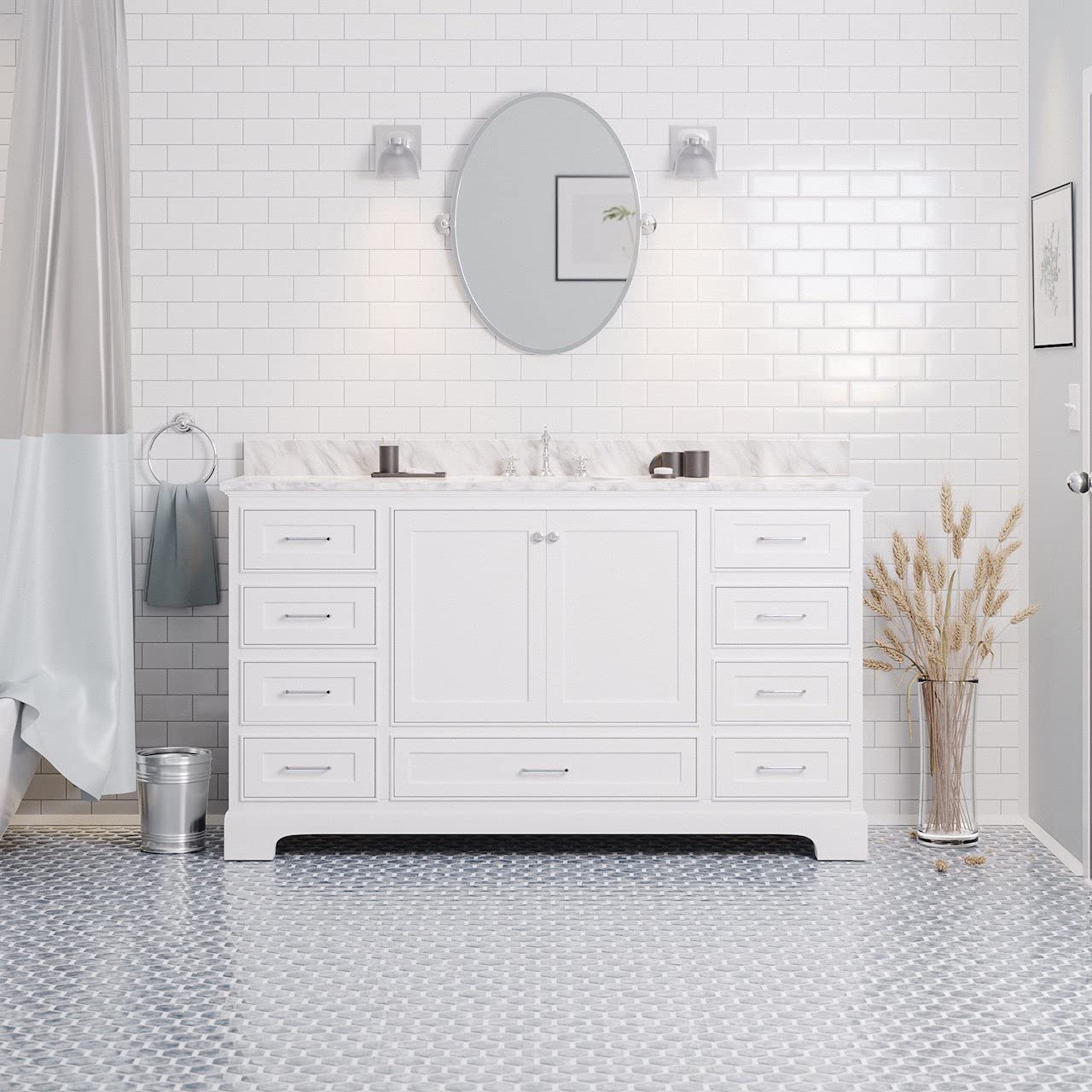 Harper 60-inch Single Bathroom Vanity: White Cabinet with Carrara Marble Countertop and Ceramic Sink