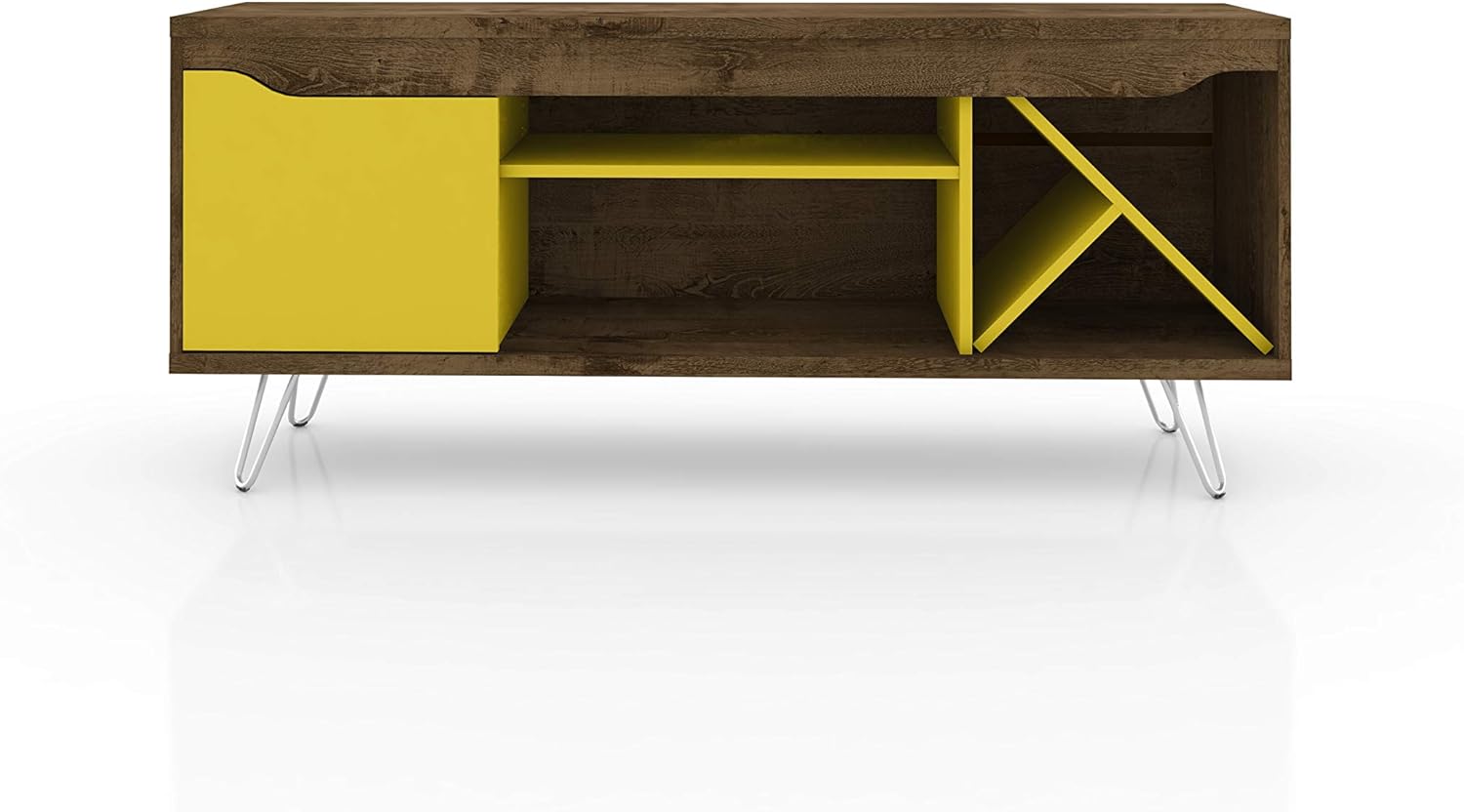 Manhattan Comfort Baxter 53.54" Mid Century TV Stand for Bedroom and Living Room Use, Entertainment Center with Storage, Shelves and Wine Racks, Ideal for 46 to 50 Inch Screens, Rustic Brown/Yellow