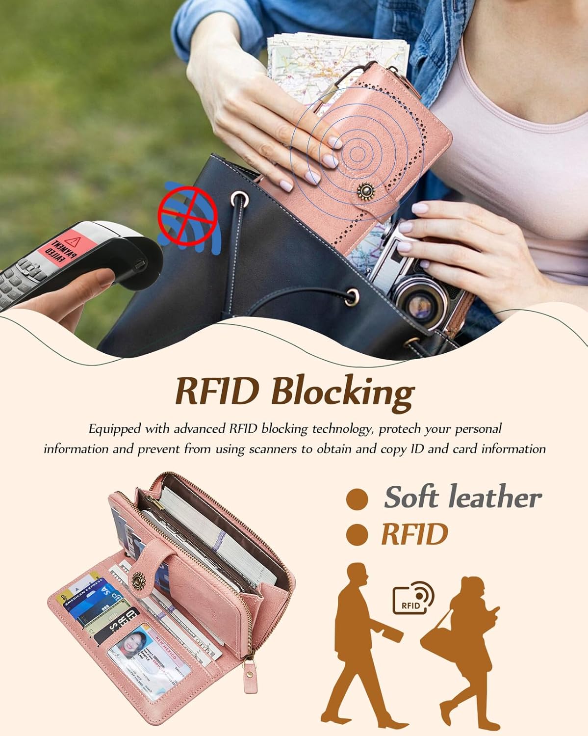 Wallet for Women RFID Blocking Leather Large Capacity Card Holder Ladies Phone Clutch Travel Long Purse Wristlet | RFID Blocking, Leather, Large Capacity, Ladies, Travel - Image 5