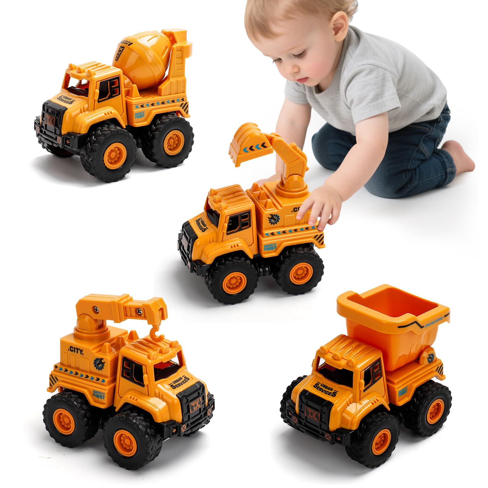 YGNNXRN Construction Vehicle Toys for Toddlers Age 2+ Push and Go Cars Set with Crane, Excavator, Dump Truck & Cement Mixer  Engineering Toys for Boys and Girls Aged 2 3 4 5 Years