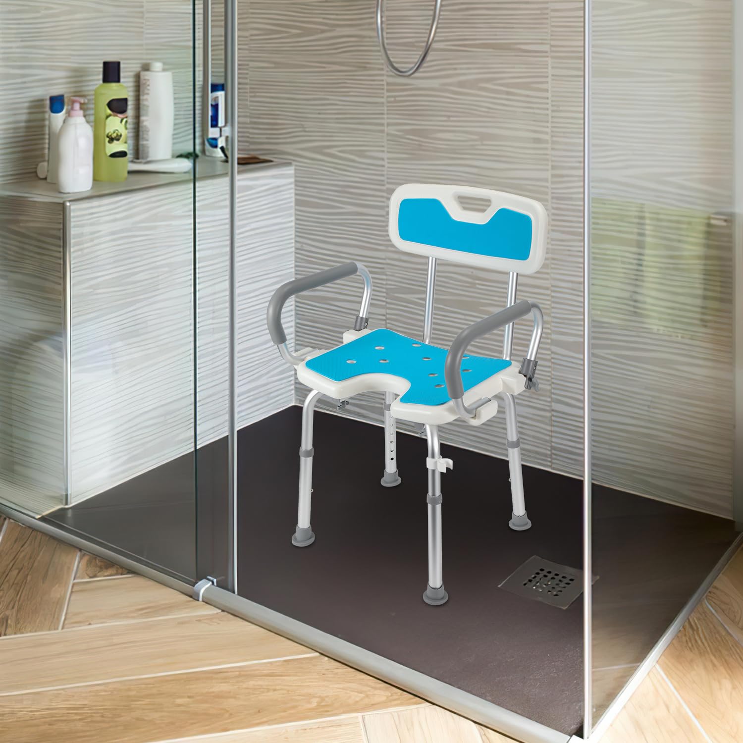 Silla de ducha con reposabrazos y respaldo, altura regulable en 6 posiciones | Con reposabrazos plegables, respaldo extraíble, asiento en forma de U, pies antideslizantes de TPR, soporta hasta 136 kg