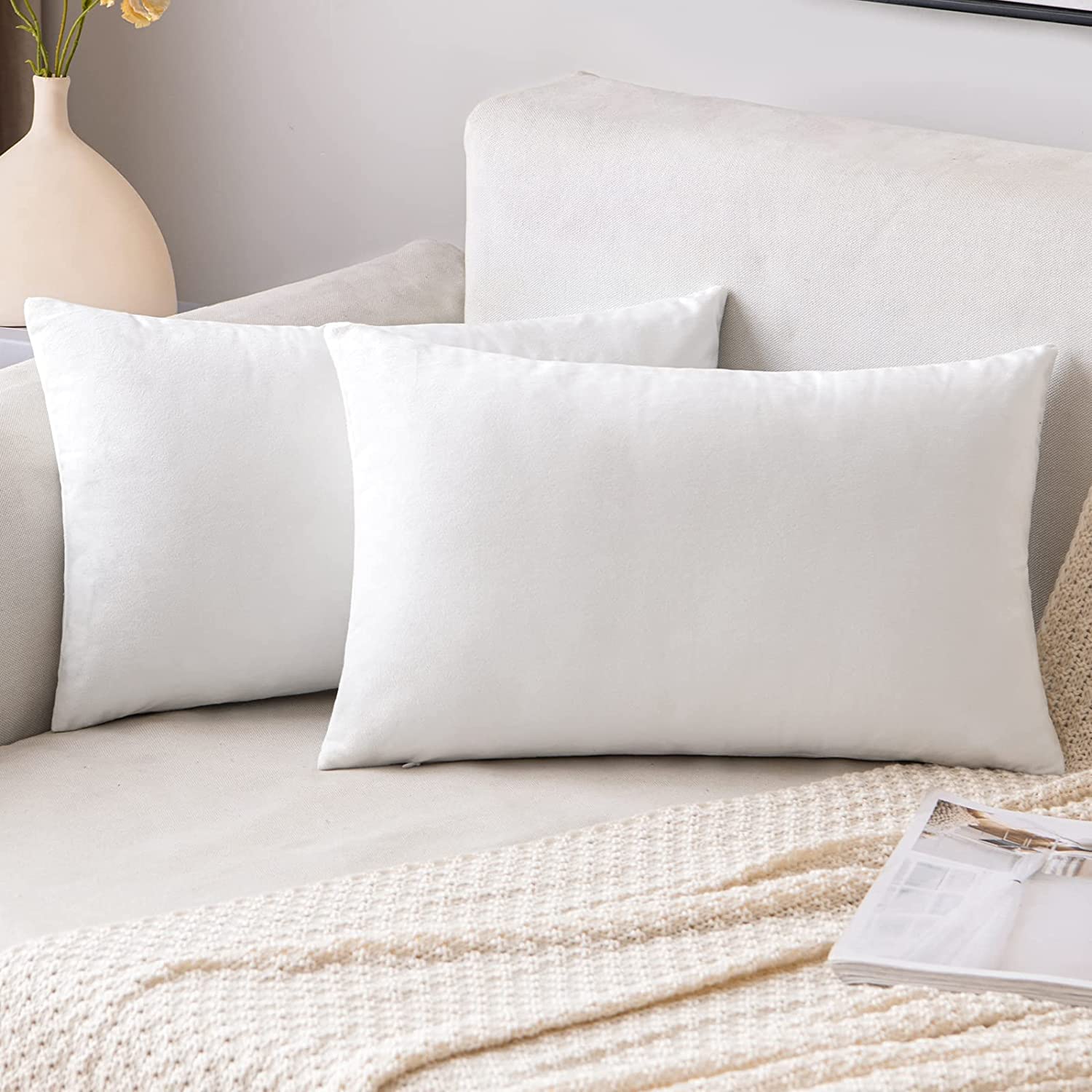 SNOCKERS Pack of 2, Velvet Soft Solid Decorative Rectangular Throw Pillow Covers Set Cushion Case for Sofa Bedroom Car 12 x 18 Inch (White)