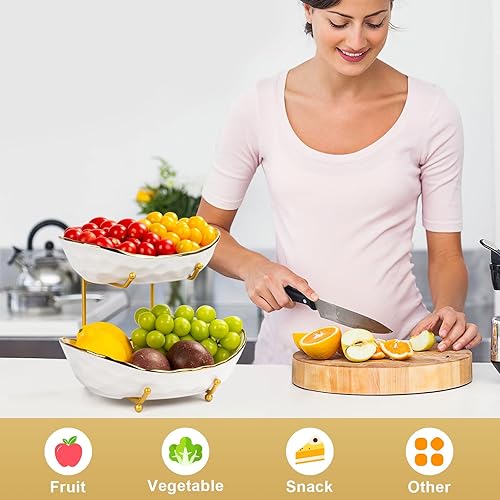 Miniatura 6 de Frutero para encimera de cocina, cesta de frutas de cerámica de dos niveles, soporte para frutas y verduras frescas, bandejas modernas para servir