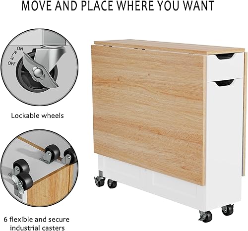 Miniatura 7 de 3imothrix Mesa de comedor plegable, mesa de comedor con cajón y almacenamiento y estantes, mesa de comedor que ahorra espacio con 6 ruedas, mesa de