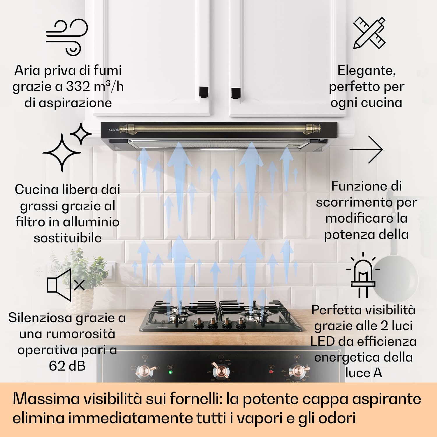 Klarstein Cappa Aspirante, Cappa Cucina con Timer e Flusso d'Aria di 332m³/h, Cappa Sospesa per Isola Cucina con 2 Modalità e Filtri Antigrasso, Cappa Isola Sottopensile