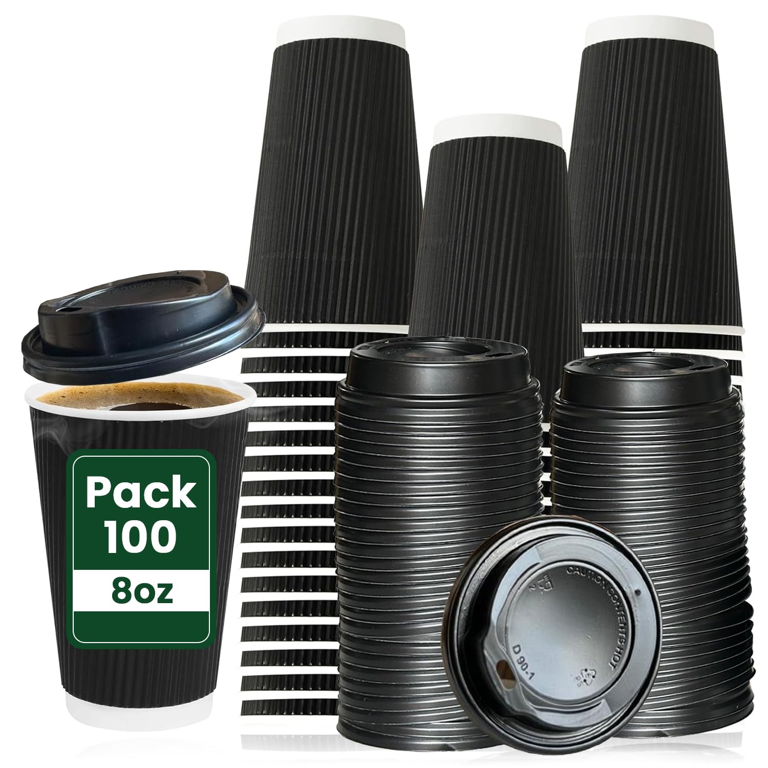 ECONX 100 X 8oz Disposable Coffee Cups with Lids Black - Durable, Strong, Leakproof Triple Wall Takeaway Coffee Cups with Lids Insulated Paper Cups for Hot & Cold Drinks, Coffee, Tea, Hot Beverage