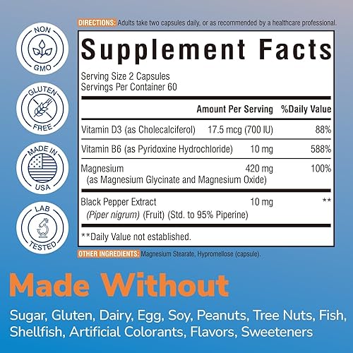Miniatura 2 de Glicinato de magnesio de 420 mg con vitamina D3 y B6 | Suplemento de magnesio quelado y tamponado | Alta absorción para nervios, huesos, corazón,