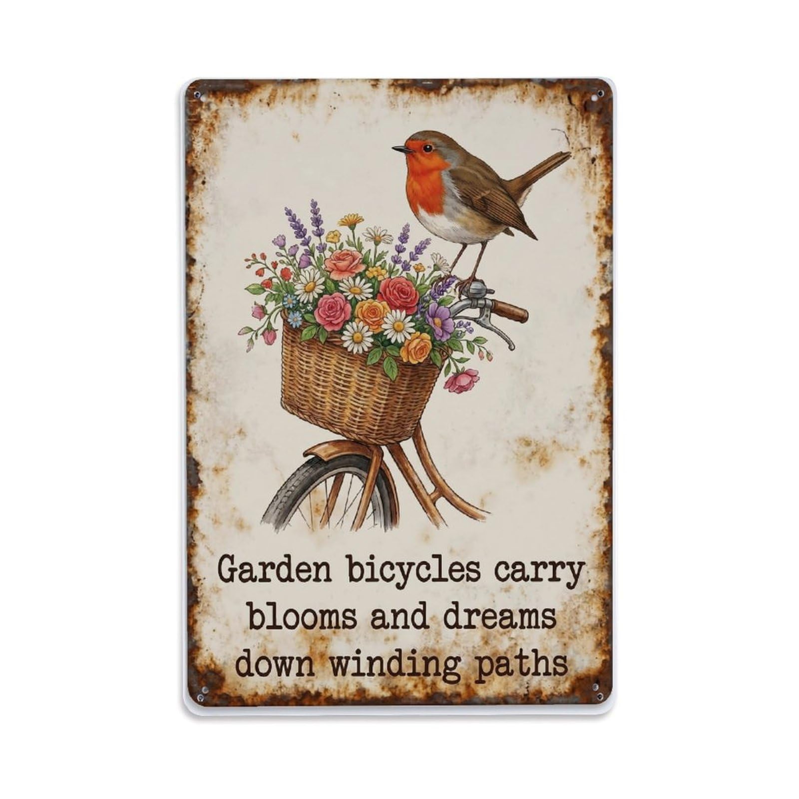 Fqnyr Style Robin Bird Garden Quote Bicycle Metal Tin Sign Plaque Wall Decor For Cafe, Club Bar, Office, Home Garden Metal Poster 8X12inch