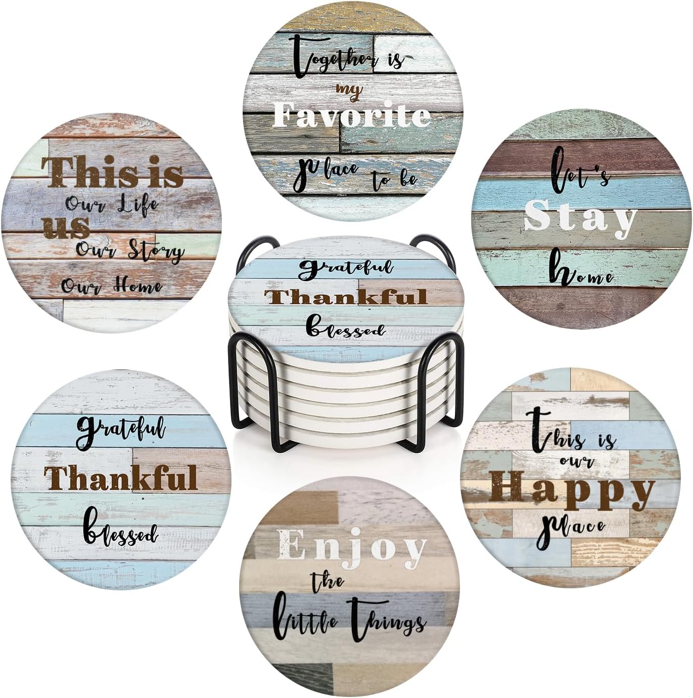 Bribay Coasters for Drinks Set of 6, Farmhouse Wood Home Happy Saying Phrase Absorbent Round Ceramic Stone Mat, with Cork Base and Metal Holder, Gift for Housewarming Room Bar Decor