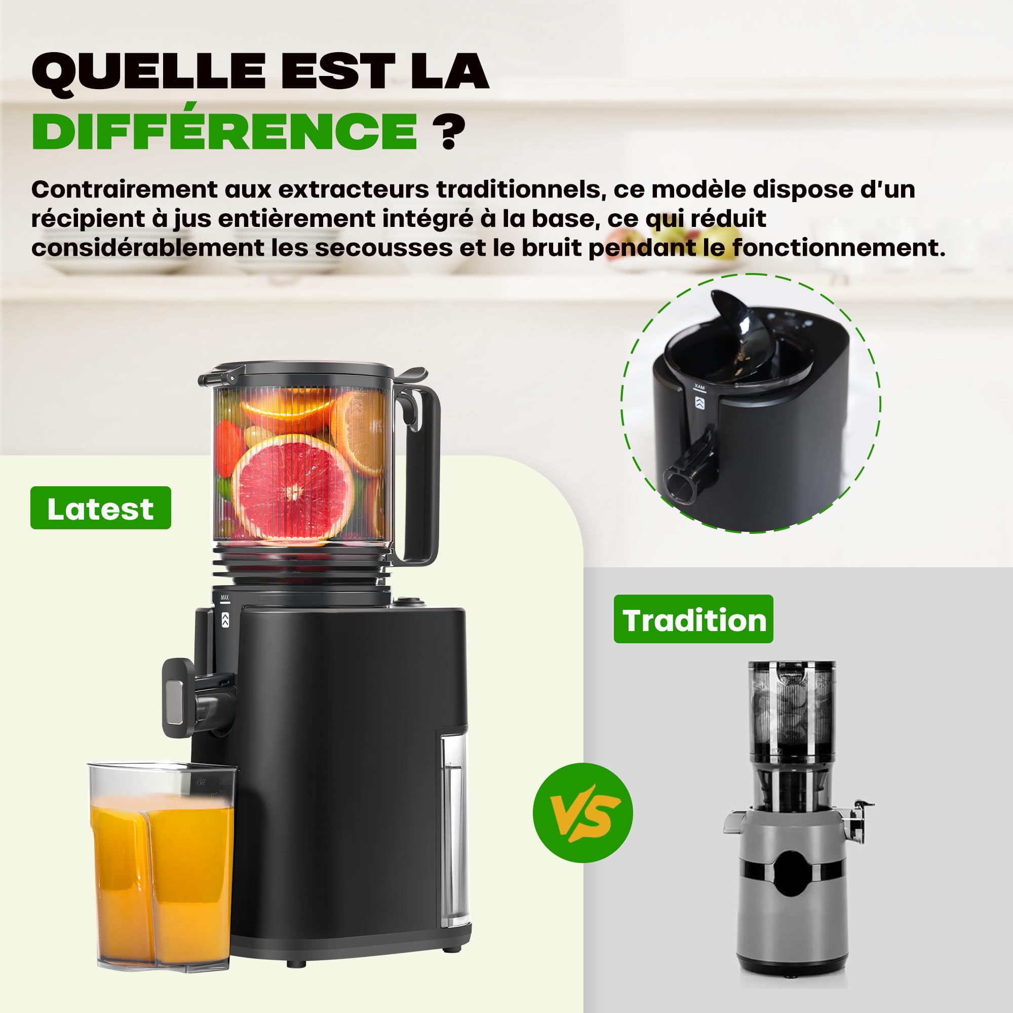 Extracteur de Jus de Fruits et Légumes 14cm 2L Slow Juicer Facile à installer Matte Noir