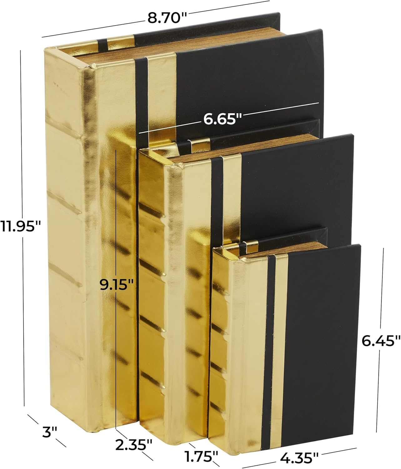 CosmoLiving by Cosmopolitan Faux Leather Decorative Box Faux Storage Book Book Shaped Boxes with Black Cover and Striped Spine, Set of 3 Decorative Keepsake Boxes 12", 9", 6"H, Gold