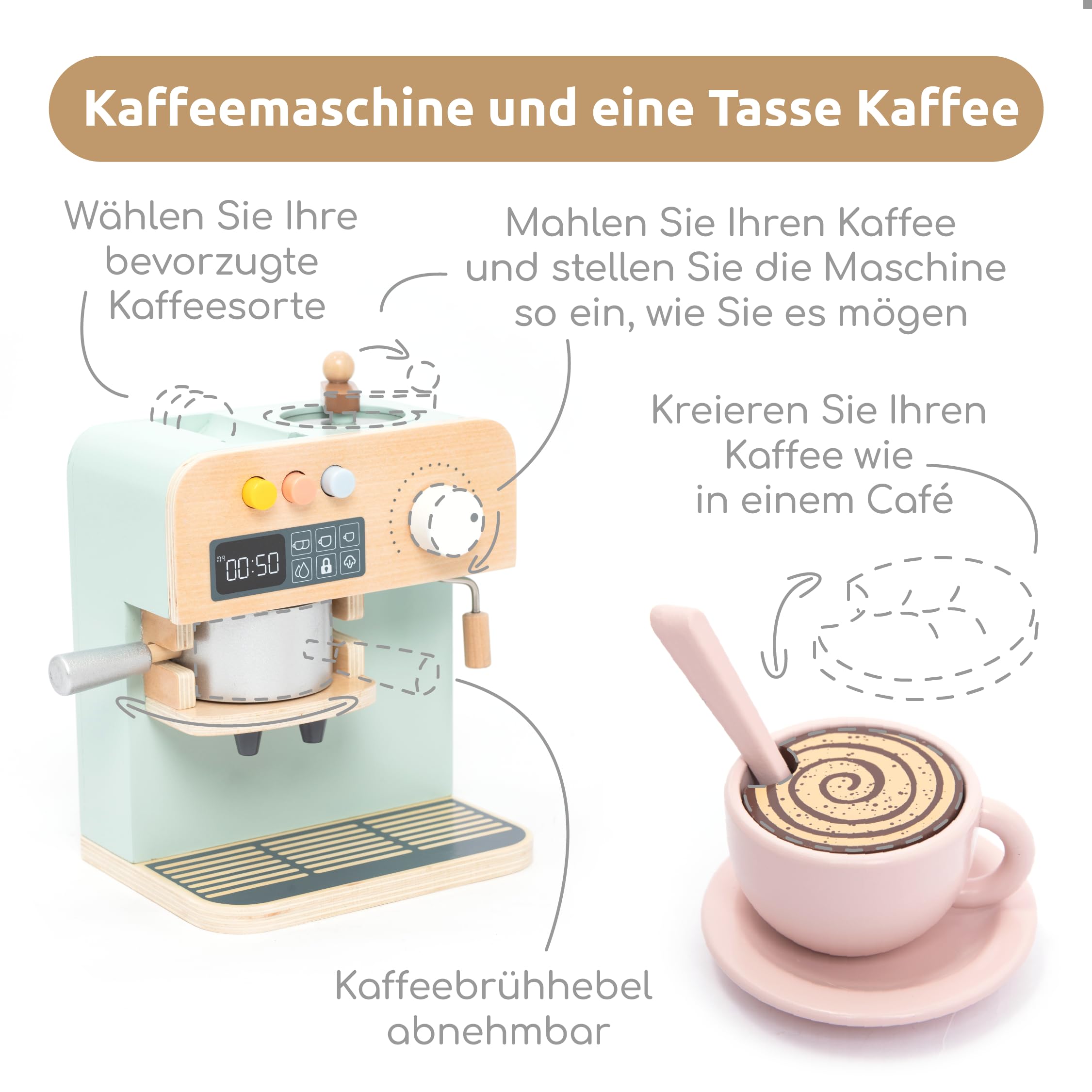 UMU® Kinder Kaffeemaschine aus Holz – Kinderküche Zubehör inkl. austauschbaren Latte-Art-Designs und Tassen, Kaffeeservice-Set für Rollenspiele, Holzspielzeug für Vorschulkinder ab 3 4 5 6 Jahren