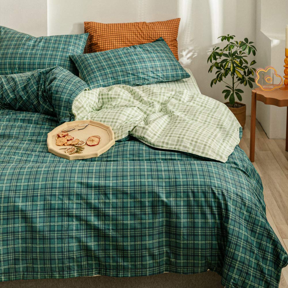 EAVD Dark Green Plaid Grid Duvet Cover 