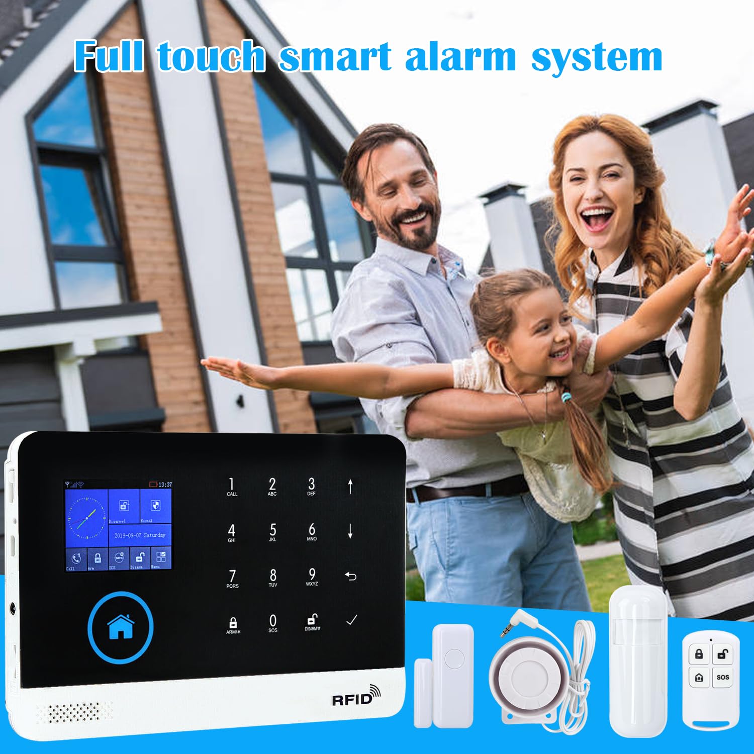 Discoball Système d'alarme de sécurité sans fil avec détecteur de mouvement, capteur de porte/fenêtre et télécommande, fonctionne avec Smart Life, application Tuya et Alexa, sans frais mensuels (kit